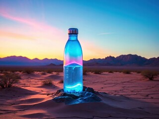water bottle sits in the sand, its reflection distorted by the heat waves