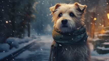 a dog with a knitted scarf tied around the neck walking in a blizzard in the forest - obrazy, fototapety, plakaty