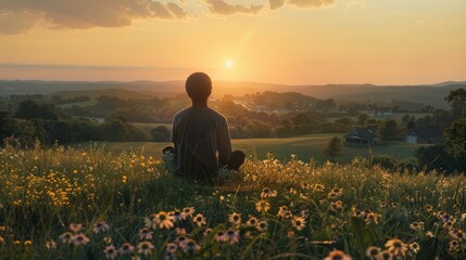 Man contemplating sunset over rural landscape. Peaceful meditation and solitude concept. - obrazy, fototapety, plakaty