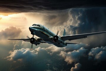 Stormy airplane fly. Rain travel air. Generate Ai
