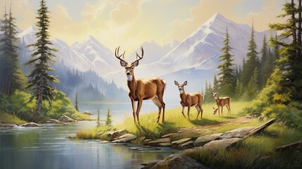 A family of deer grazing in a meadow, their peaceful movements radiating serenity and calm - obrazy, fototapety, plakaty