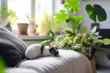 Black and white rat is sleeping on the sofa at home