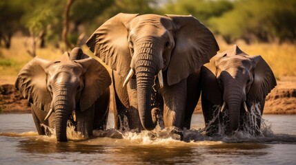 A group of elephants playing in a watering hole, their joyous trumpeting echoing through the savanna