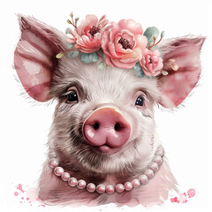 Delightful watercolor illustration of a cute pig with soft fur and long eyelashes, wearing a pearl necklace amidst pastel flowers, isolated on white.