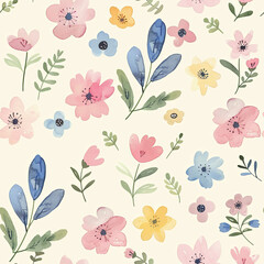 Charming watercolor seamless pattern featuring cute floral designs in flat, pastel colors. Ideal for digital backgrounds, stationery, and scrapbooking projects.