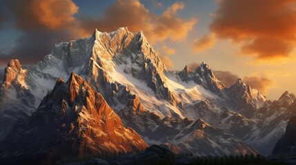   Majestic view of tall rocky mountains lit by sunset Generate AI