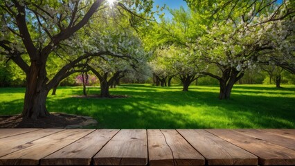 Spring beautiful background with green lush young foliage and flowering branches with an empty wooden table