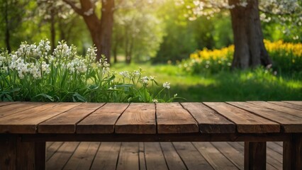 Spring beautiful background with green lush young foliage and flowering branches with an empty wooden table