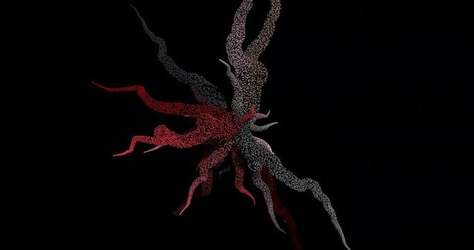 The growth of multicolored tentacles of a fantastic abstract creature. Tentacles made up of spherical cells. Black background with alpha mask.