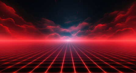 Red grid floor on a glow neon night red grid background, in the style of atmospheric clouds, concert poster, rollerwave, technological design, shaped canvas, smokey vaporwave background. - obrazy, fototapety, plakaty
