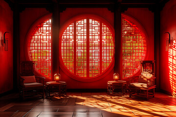 Beautiful original background image of a luxurious red room with Chinese style and minimalist...