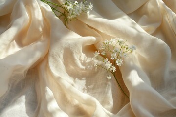 beige linen fabric texture with flowers and folds, natural sunlight shadows, wedding background