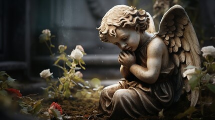   Stone cherub praying in graveyard Generate AI - obrazy, fototapety, plakaty