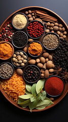 Spices and Flavors of the World: Exotic and aromatic spices on a tray. Flat lay, top view.