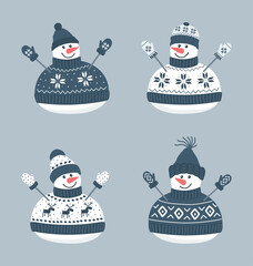 Cute snowmen. Set. Four different snowmen in beautiful blue winter clothes. Greeting card Template. Vector illustration on gray