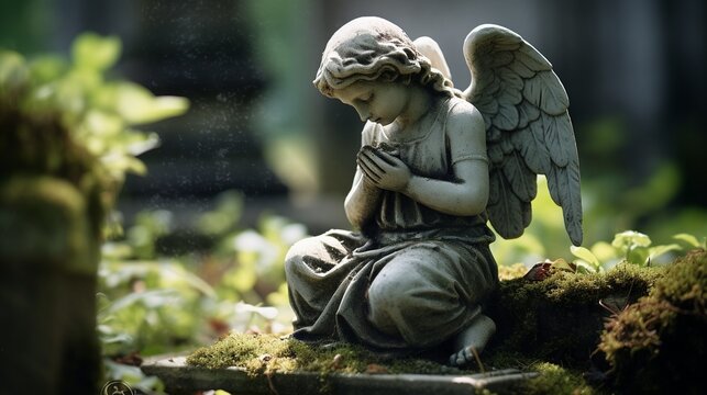   Stone cherub praying in graveyard Generate AI
