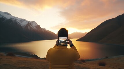 Anonymous female traveler in casual sweater taking picture of amazing landscape with mountains and sunset sky on smart phone - obrazy, fototapety, plakaty