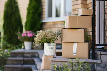 Stack of brown cardboard boxes with household belongings on floor in empty living room. Moving to new home, relocation, renovation, home staging, removals and delivery service