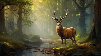 A majestic stag standing proudly in a forest clearing, its antlers adorned with morning dew - obrazy, fototapety, plakaty
