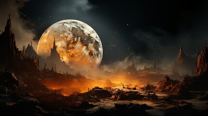  The moon falls to the earth, the world is destroyed in dust  Generate AI - obrazy, fototapety, plakaty