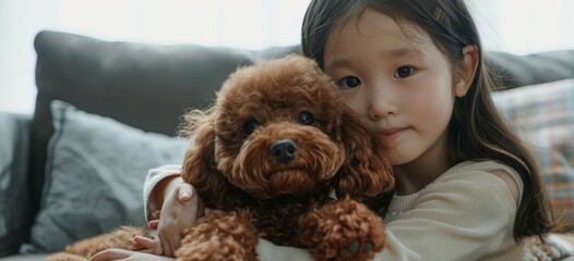 Little girl with brown poodle dog on a sofa. Home pets and childhood concept. Lifestyle indoor portrait