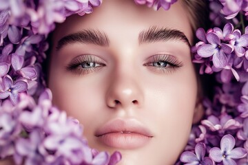 young beautiful woman with lilac flowers, face close up, magazine cover photo, cosmetics photo, beauty advertising concept