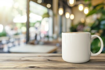 White blank coffee mug on the top of wooden table with blurred interior background. Blank coffee cup mug mockup template