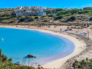 Areal drone view of Arenal de Son Saura beach at Menorca island, Spain - 772475762