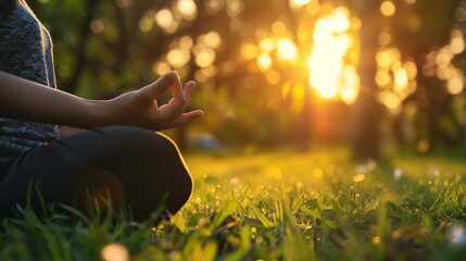 Close-up of person's hands in meditation pose during sunset in park. Warm sunlight through trees, mindfulness and yoga practice concept with copy space for design and print - obrazy, fototapety, plakaty