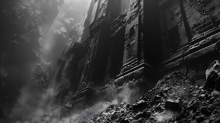 Zoom in on the intricate patterns of decay etched into the weathered facade of an ancient cathedral, its once-majestic spires now crumbling into dust. - obrazy, fototapety, plakaty