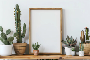 blank wooden frame mockup on an oak shelf