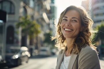 Happy woman basking in the sunlit city, her joyful smile radiating warmth.