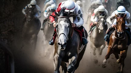 Foto auf Alu-Dibond photo of a horse race, with the winning white horse at the finish line, full of enthusiasm Generate AI © VinaAmeliaGRPHIC