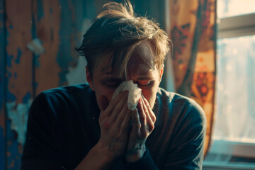 Guy blows his nose into a handkerchief while having the flu	
 - obrazy, fototapety, plakaty