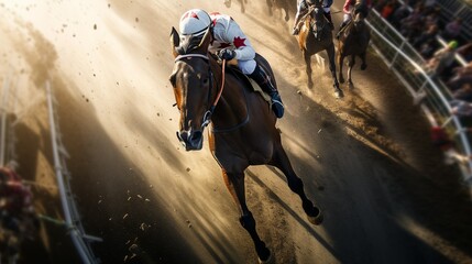 photo of a horse race, with the winning white horse at the finish line, full of enthusiasm Generate AI - obrazy, fototapety, plakaty