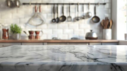 A clean and sleek marble countertop in a modern kitchen. Template showcase scene for advertising products