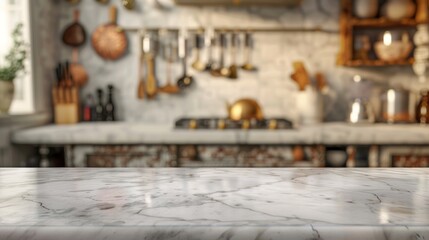 An empty marble countertop in a modern kitchen. Template showcase scene for advertising products.  New Year, Christmas, Black Friday, Cyber Monday, Thanksgiving