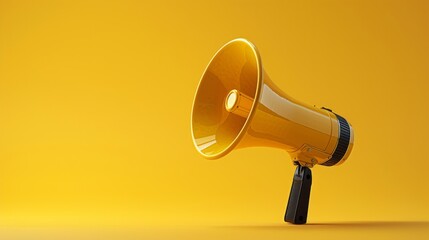 Front view of a deconstructed megaphone with a simplistic yellow background - obrazy, fototapety, plakaty