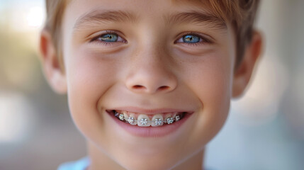 Portrait of a happy smile of a little boy with healthy white teeth with metal braces. Pediatric dentistry concept - obrazy, fototapety, plakaty