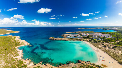 Areal drone view of Arenal de Son Saura beach at Menorca island, Spain - 772477355
