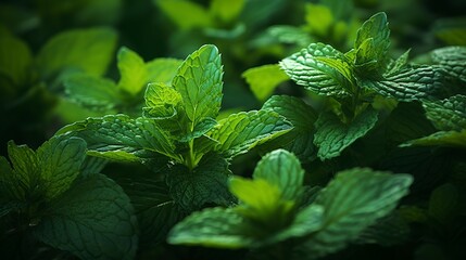  Fresh green mint plants growing  Spice, Mint - Flora Family, Peppermint, Leaves, Herbal Medicine Generate AI - obrazy, fototapety, plakaty