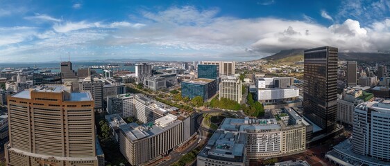 Panoramic aerial view of Cape Town, South Africa cityscape with Table Mountain in background