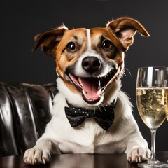jack russell dog celebrating new years eve with champagne glass and singing out loud, isolated on white background