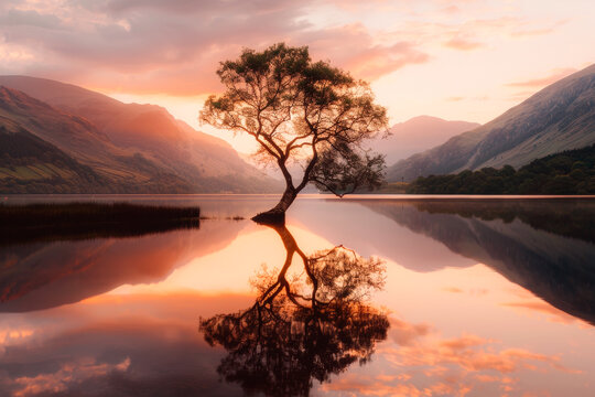 A lonely tree by the lake at sunset among the mountains