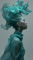 Person's hair and clothing flow gracefully, resembling the movement of water