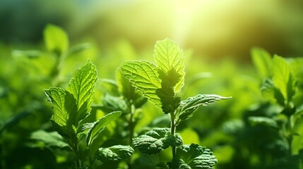  Fresh green mint plants growing  Spice, Mint - Flora Family, Peppermint, Leaves, Herbal Medicine Generate AI - obrazy, fototapety, plakaty