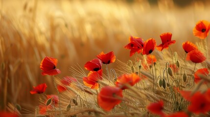 Sunlit red poppies among wheat ears in a field. Warm summer agricultural scene with a golden hour light