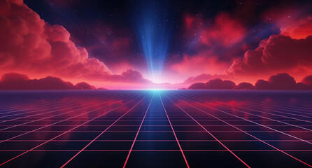 Red grid floor line on glow neon night red background, Synthwave vaporwave retrowave cyber background, concert poster, rollerwave, technological design, shaped canvas, smokey cloud wave background. - obrazy, fototapety, plakaty