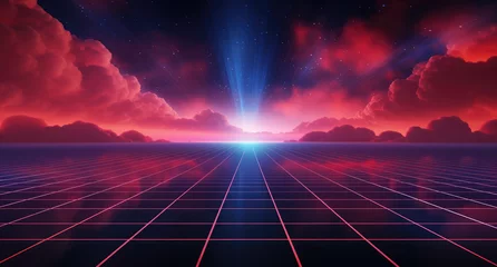 Foto op Canvas Red grid floor line on glow neon night red background, Synthwave vaporwave retrowave cyber background, concert poster, rollerwave, technological design, shaped canvas, smokey cloud wave background. © ribelco