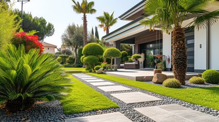 Exterior view of a modern villa with a tidy garden and clean layout